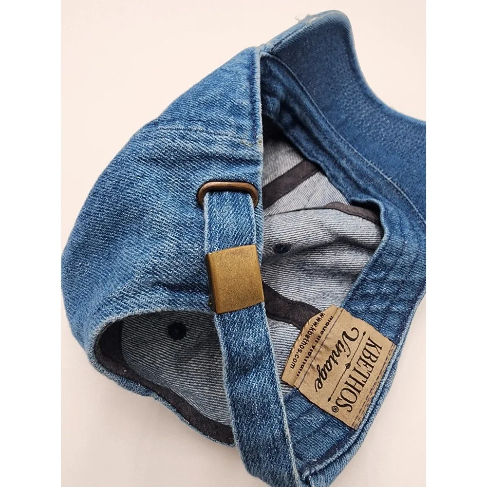 KB ETHOS VINTAGE DENIM DISTRESSED TRUCKER BASEBALL HAT CAP BULL SKULL PATCH